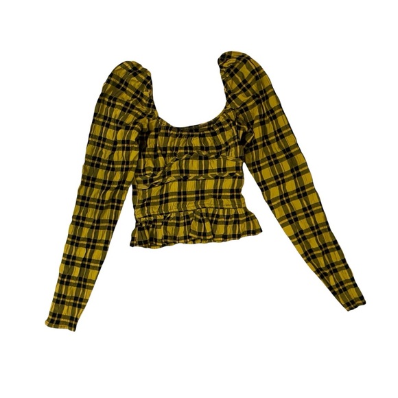 NWT WRAY Salma Top Gold Yellow Plaid Plad Size XXS Peplum Blouse Long Sleeve - Picture 2 of 9